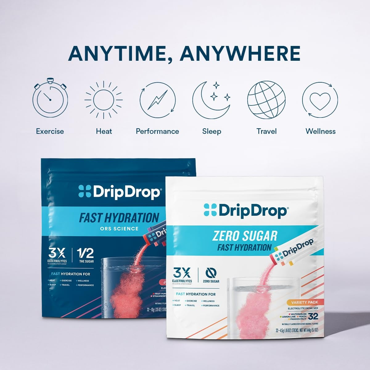DripDrop Zero Sugar Classic Variety Pack Electrolyte Powder, 8 oz sticks, 16 count
